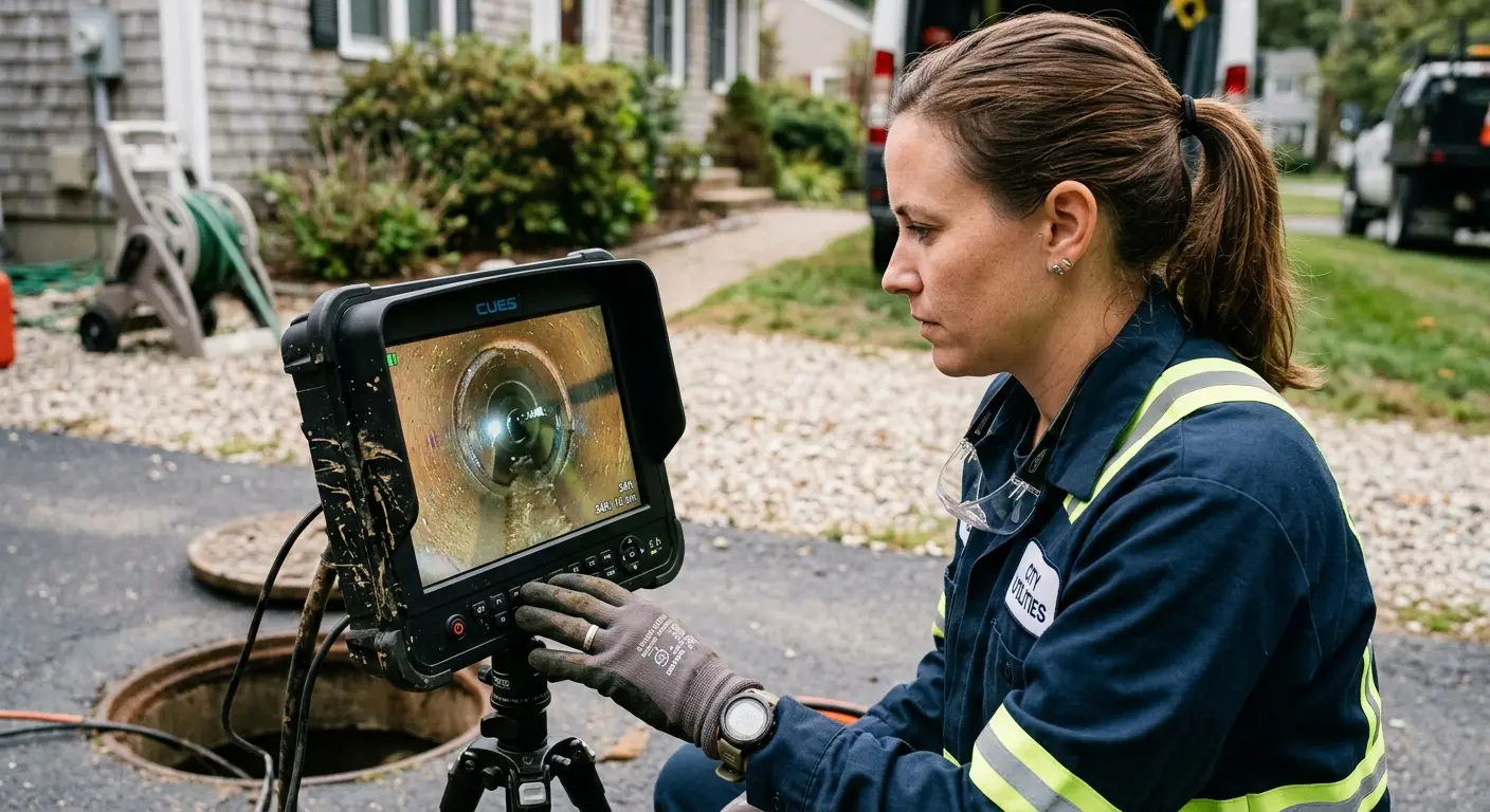 Technician reviewing sewer camera inspection footage in Fishersville