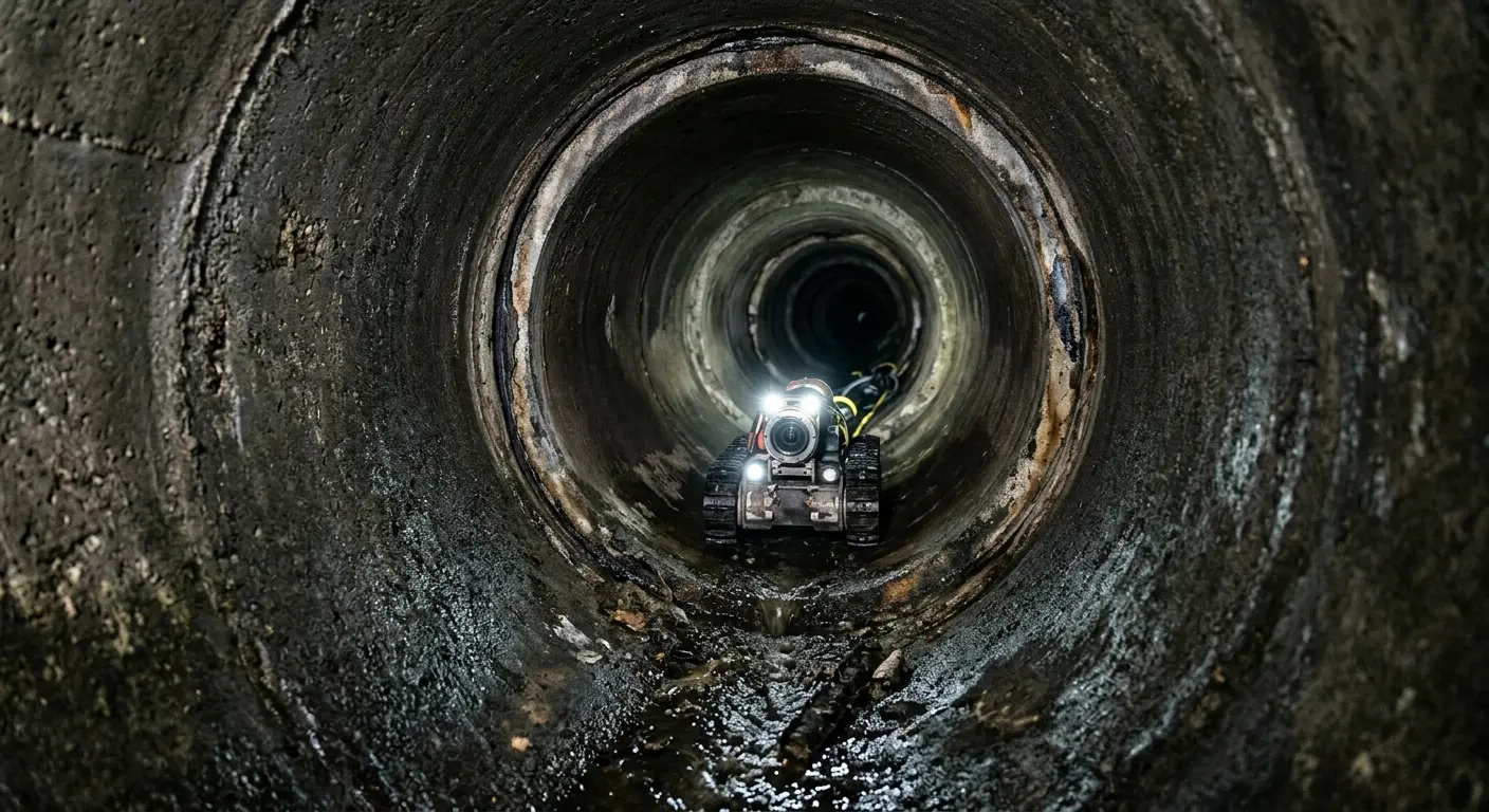 Robotic sewer camera inspecting pipe interior for Sewer Line Cleaning in Fishersville