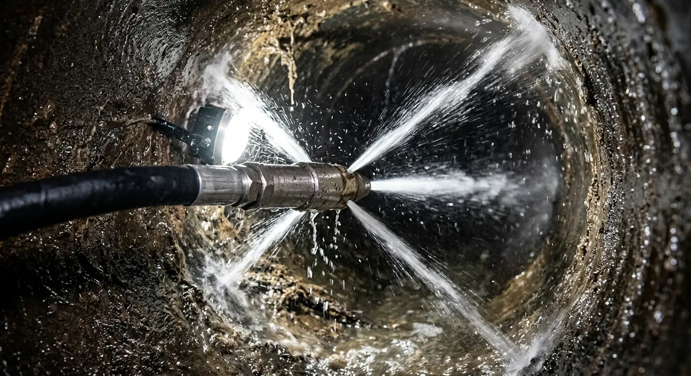 High-pressure hydro jetting nozzle cleaning sewer pipe for Sewer Cleanout in Fishersville