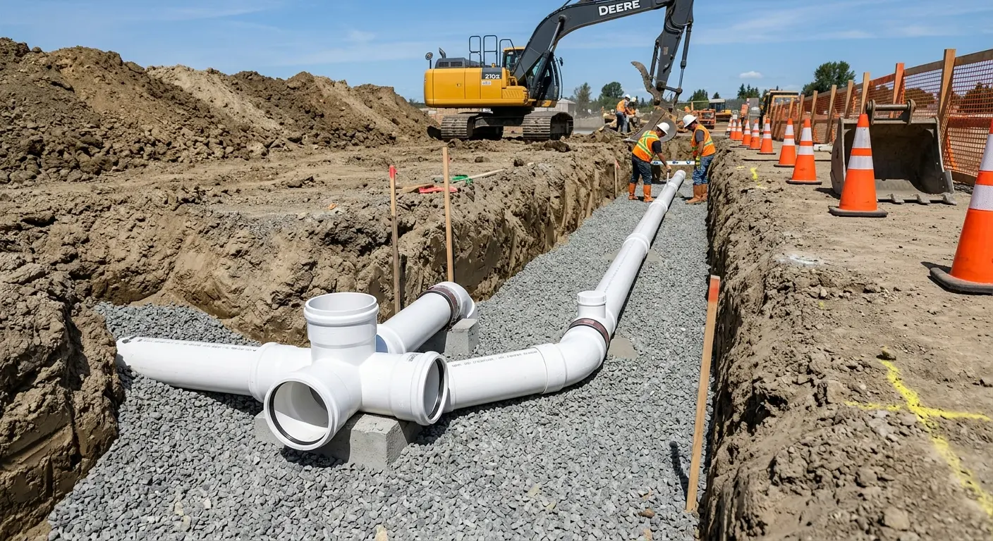 New PVC sewer pipe installation in open trench for Sewer Backup in Fishersville