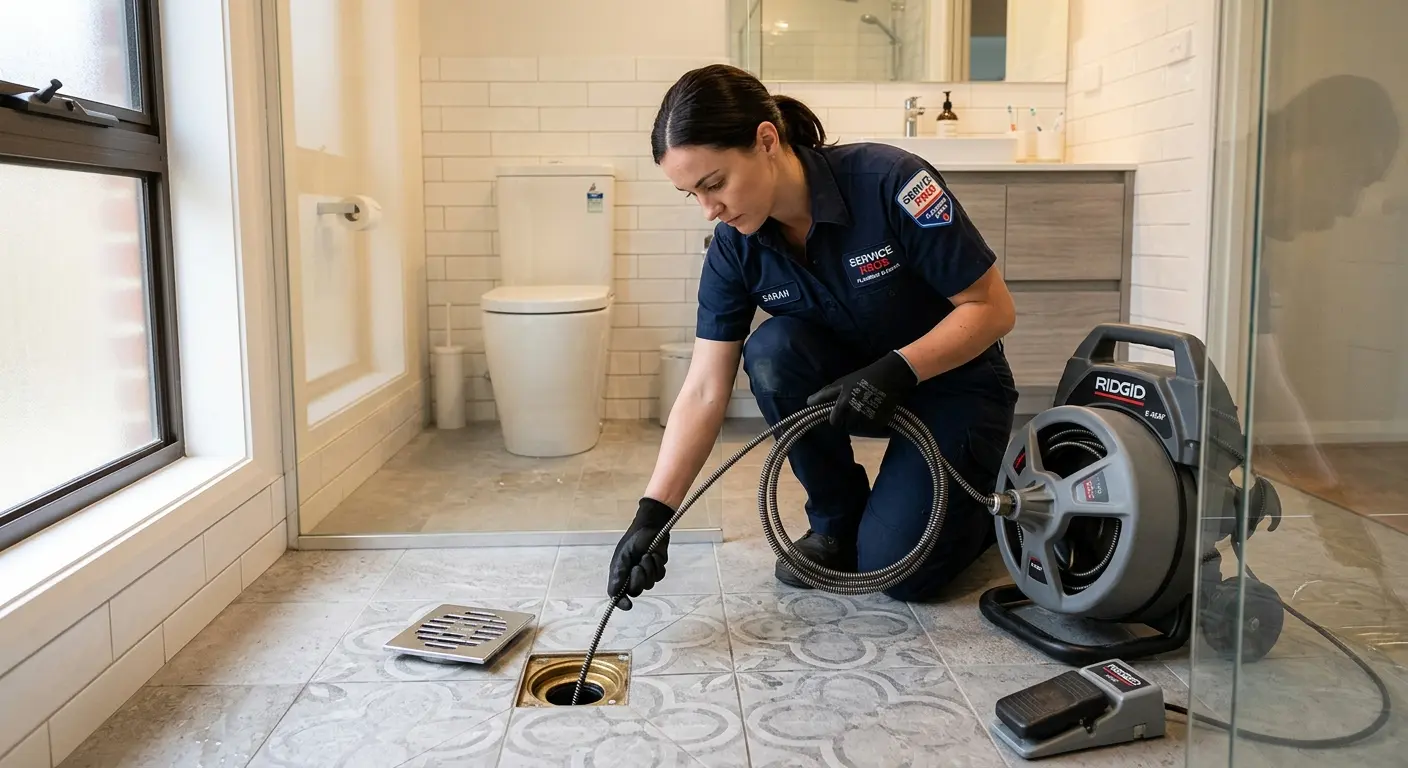 Technician clearing a bathroom floor drain for Drain Cleaning in Fishersville